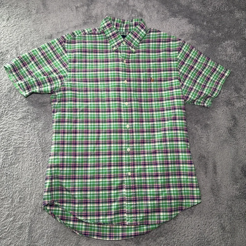 Ralph Lauren Slim Fit Men's SZ L Short Sleeve Button Down Shirt Plaid Flesh Pony